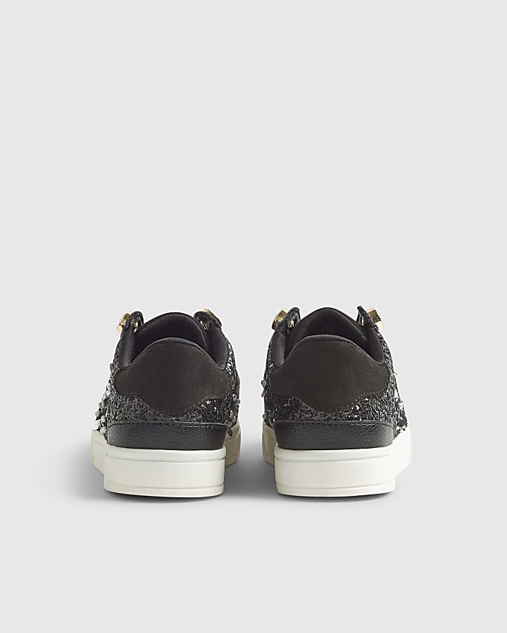 Girls Black Boucle Gem Eyelet Trainers