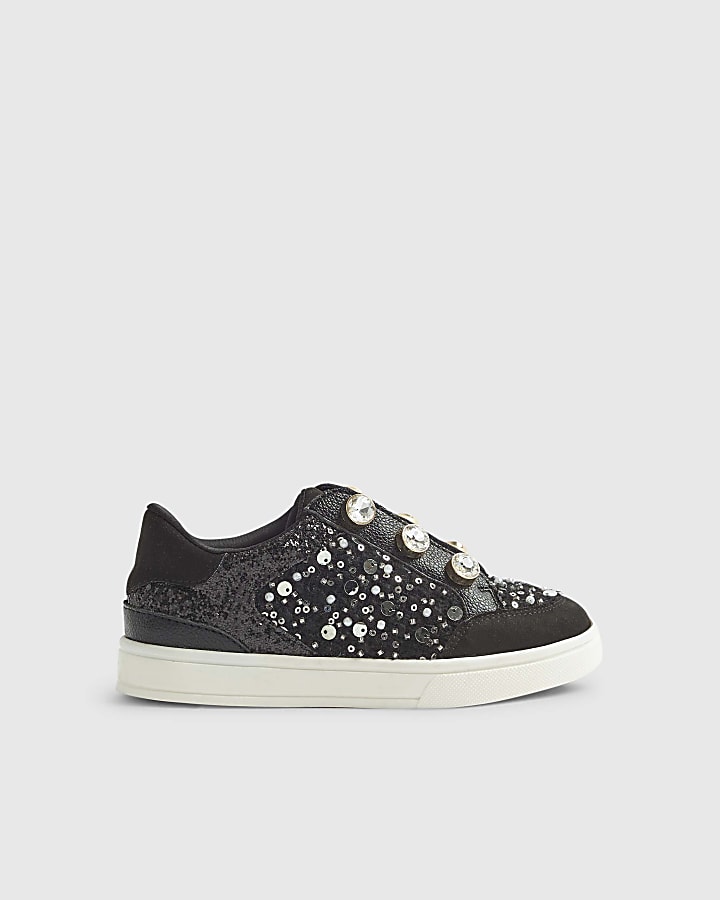 Girls Black Boucle Gem Eyelet Trainers