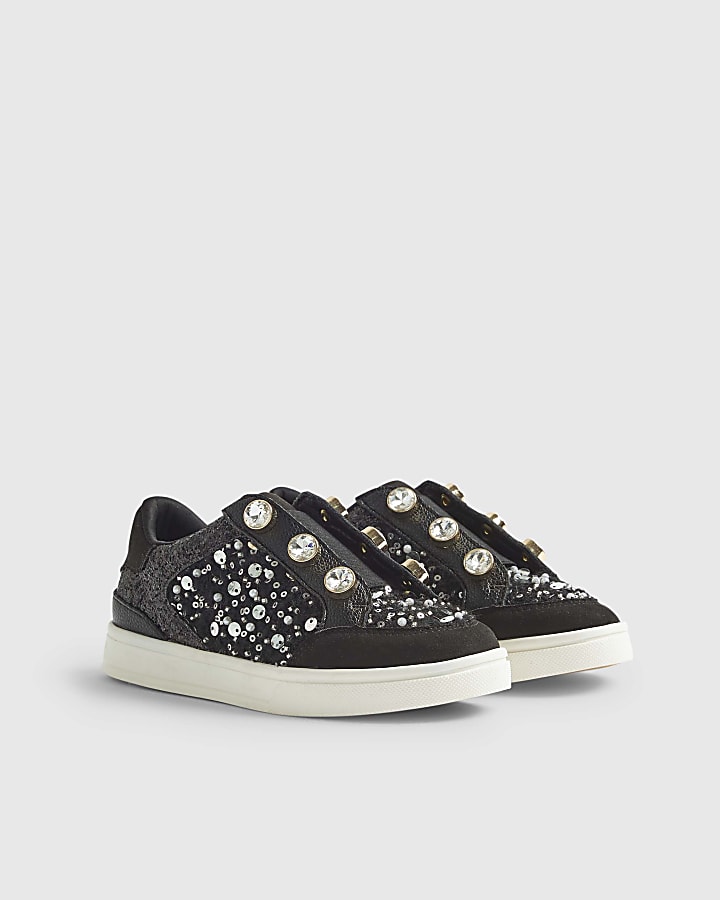 Girls Black Boucle Gem Eyelet Trainers