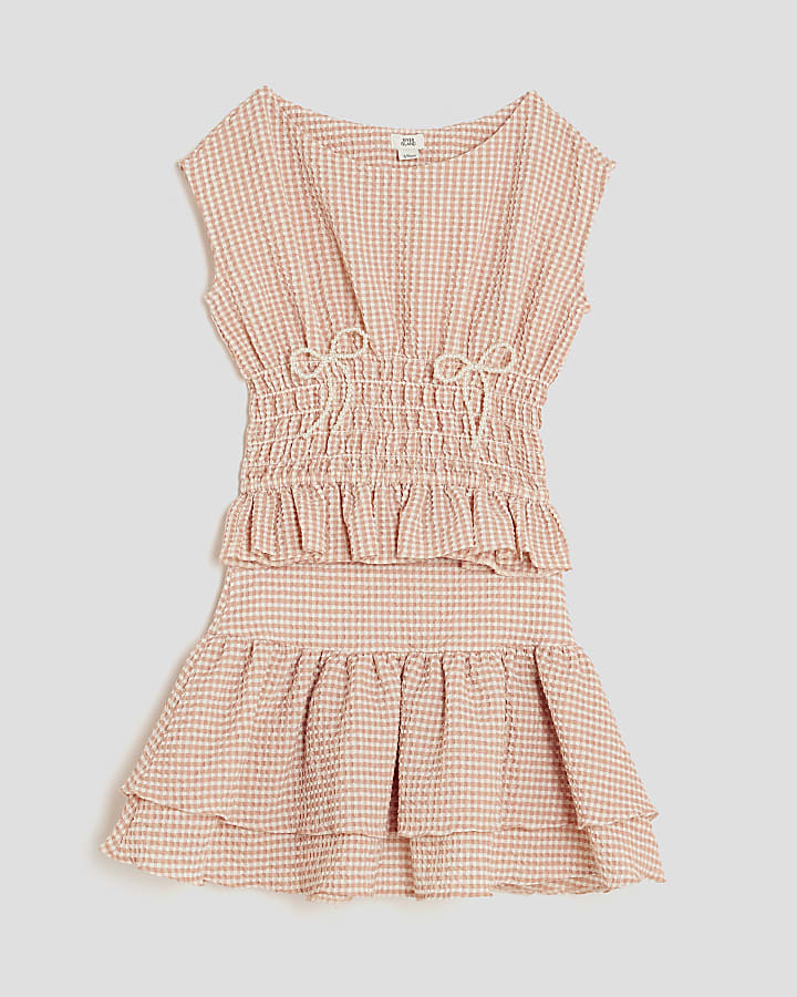 Girls Pink Gingham Bow Top Set