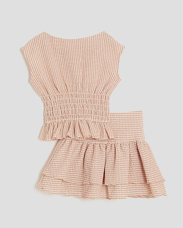 Girls Pink Gingham Bow Top Set