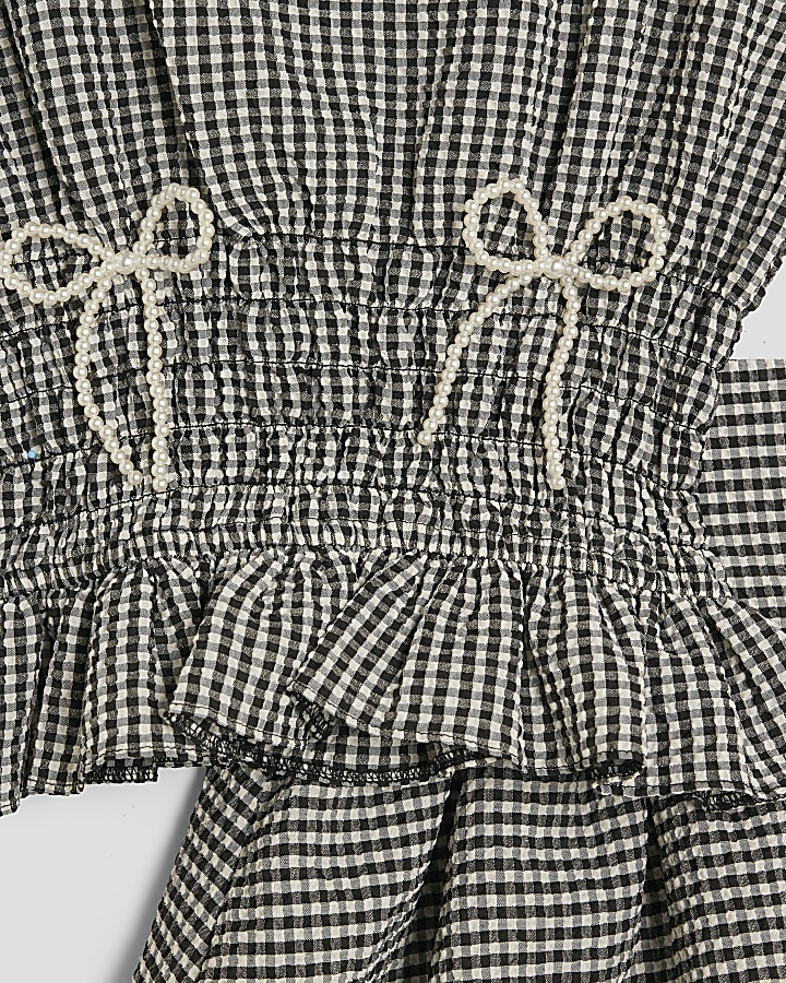 Girls Black Gingham Bow Top Set