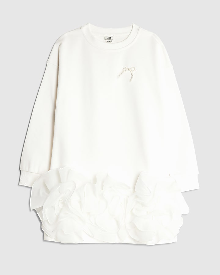 Girls White Rosette Hem Sweatshirt Dress