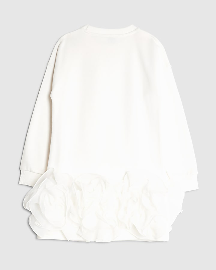 Girls White Rosette Hem Sweatshirt Dress