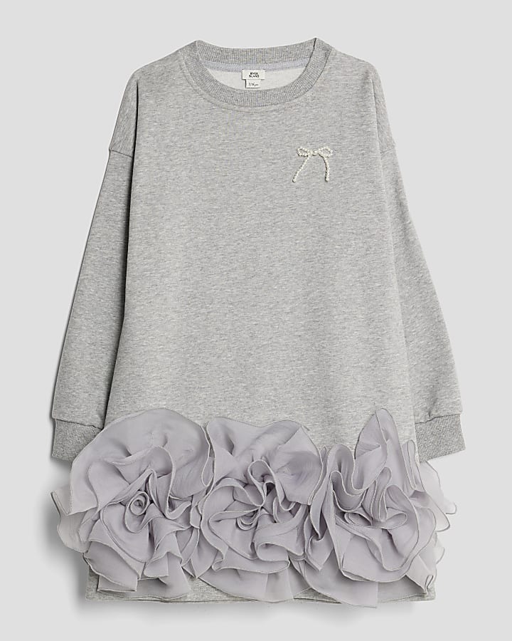 Girls Grey Rosette Hem Sweatshirt Dress