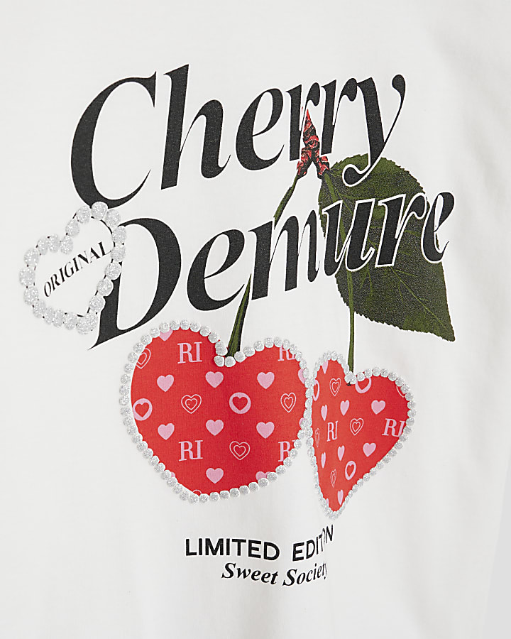 Girls White Cherry Demure T-Shirt & Cycle Set