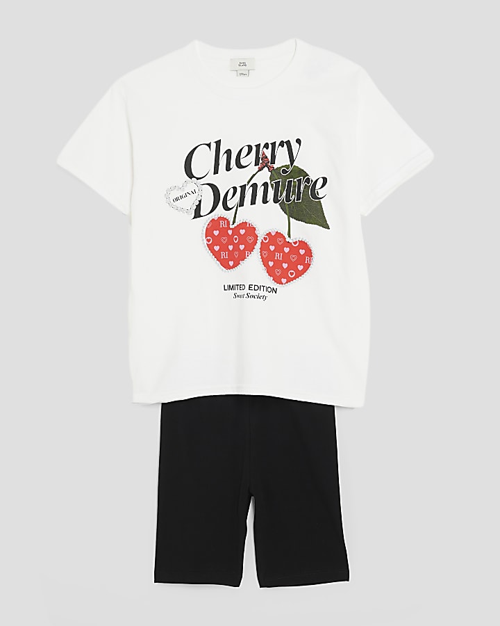 Girls White Cherry Demure T-Shirt & Cycle Set