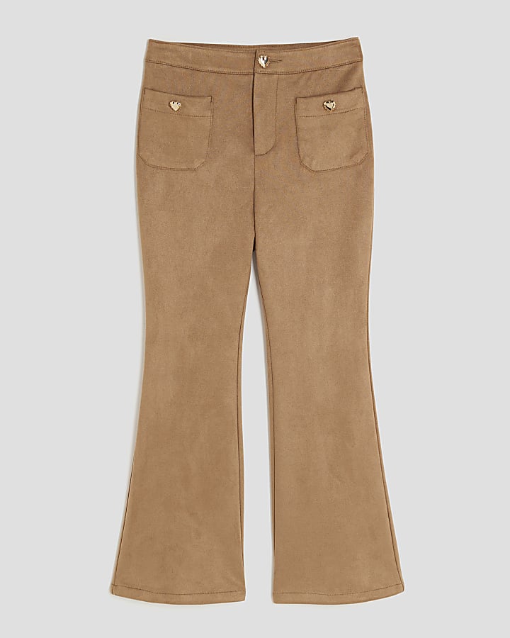 Girls Brown Faux Suede Kickflare trousers
