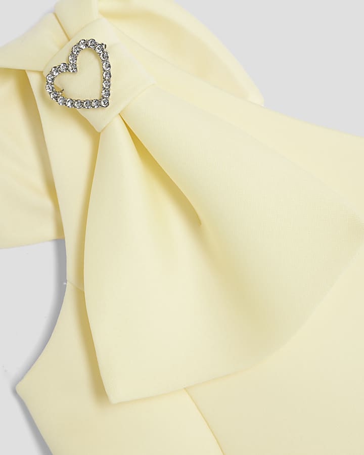 Girls Yellow One Shoulder Bow Skater Dress