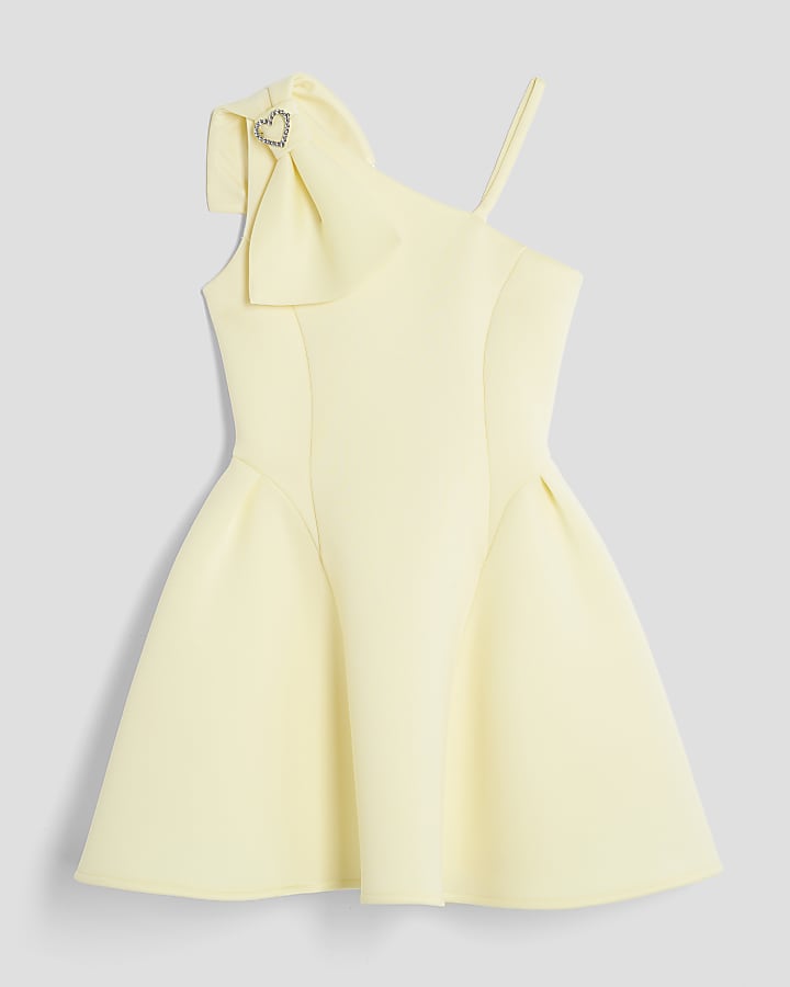 Girls Yellow One Shoulder Bow Skater Dress