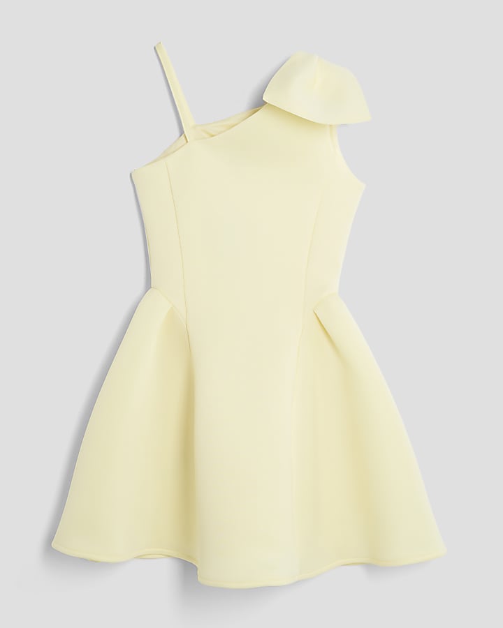 Girls Yellow One Shoulder Bow Skater Dress