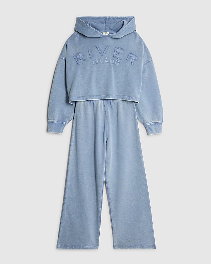 Girls Blue Washed Wide Leg Sweatshirt Set
