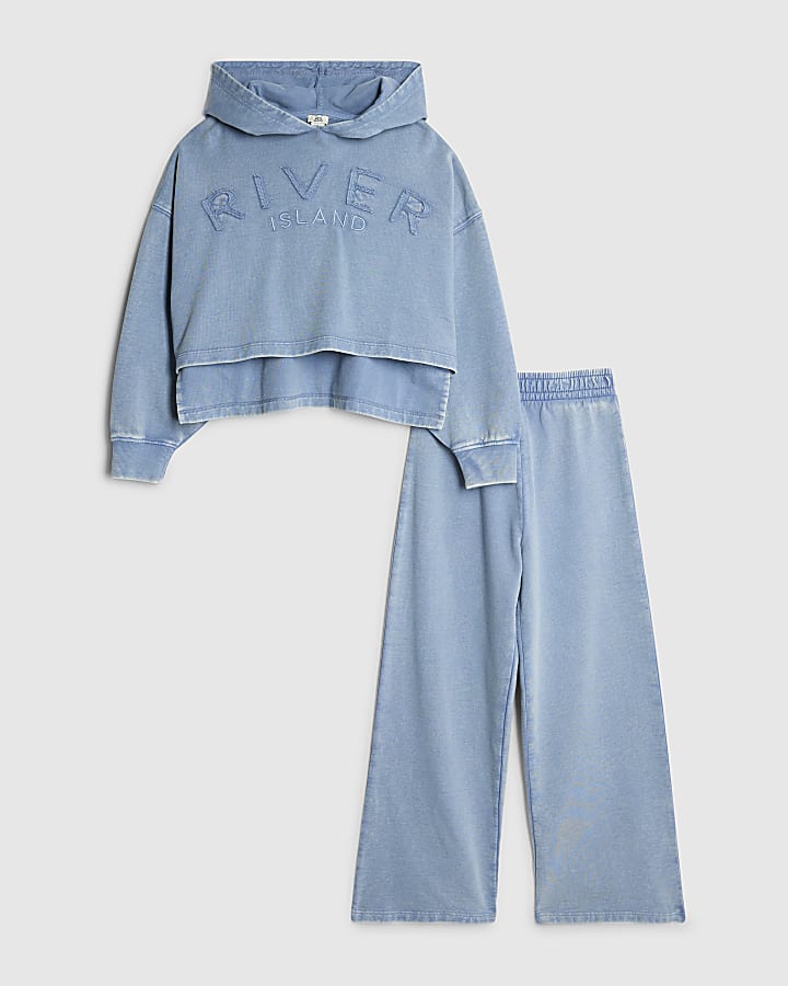 Girls Blue Washed Wide Leg Sweatshirt Set