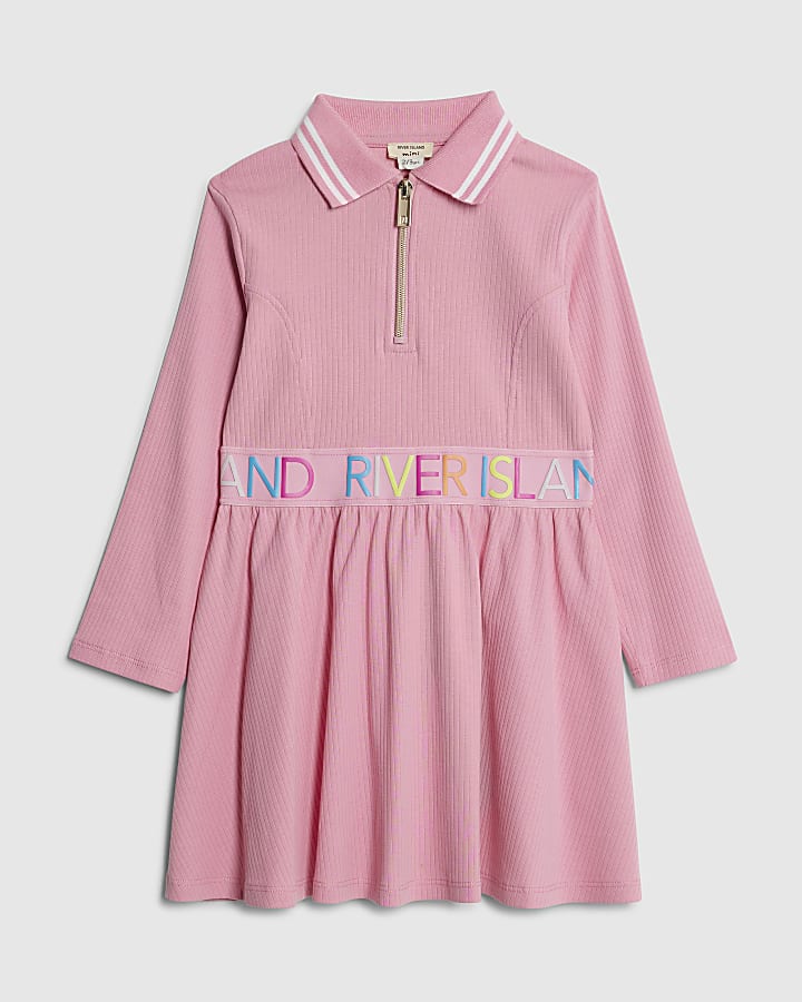 Mini Girls Pink RI Waistband Ribbed Dress