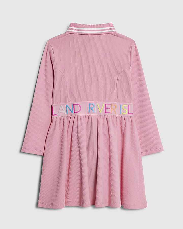 Mini Girls Pink RI Waistband Ribbed Dress