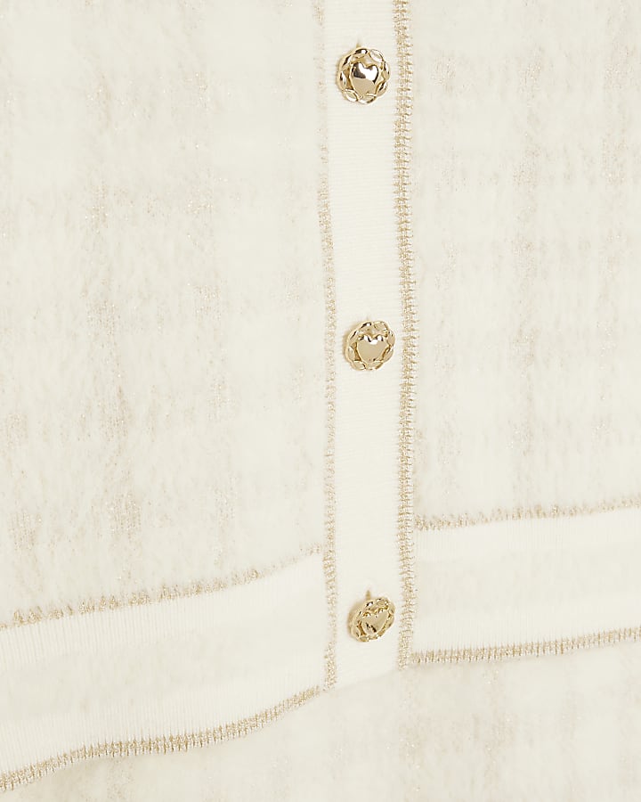 Girls Cream Fluffy Check Cardigan Set