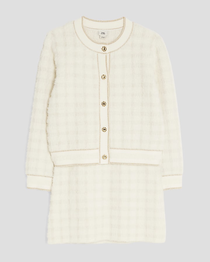 Girls Cream Fluffy Check Cardigan Set