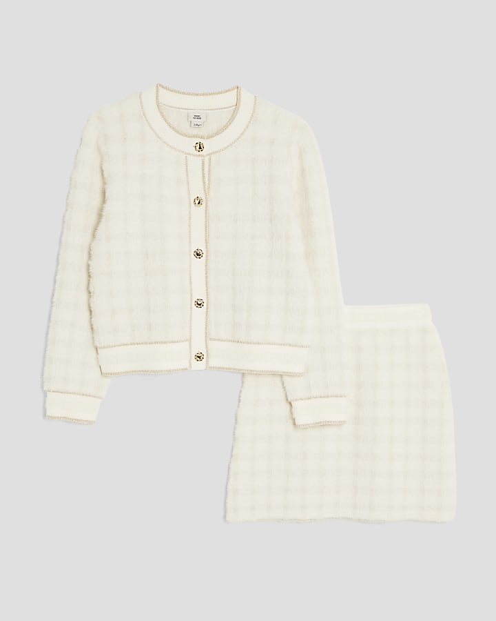 Girls Cream Fluffy Check Cardigan Set