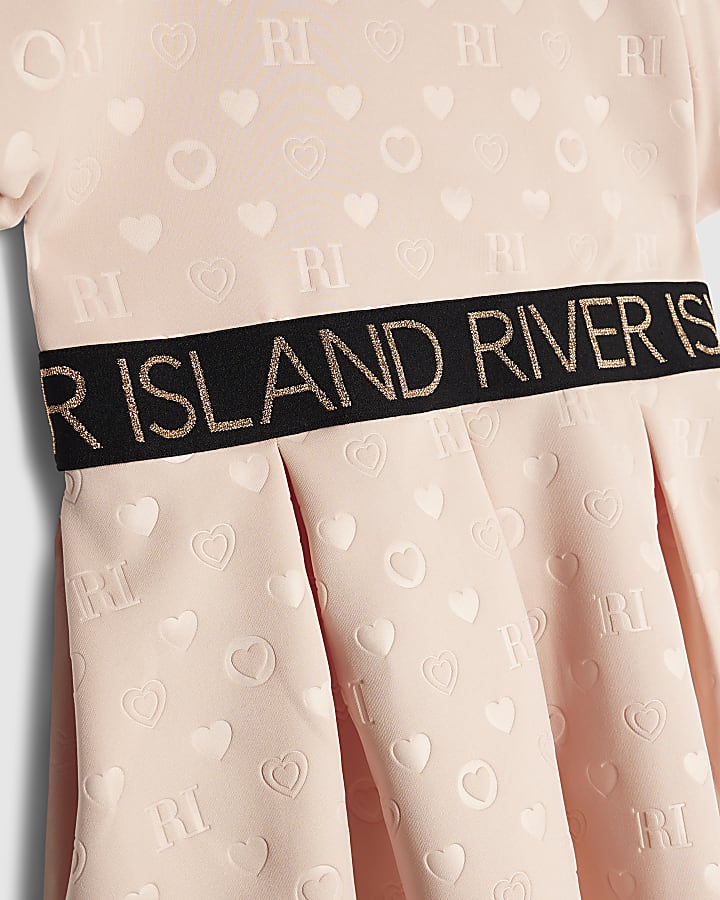 Girls Beige Embossed RI Monogram Dress