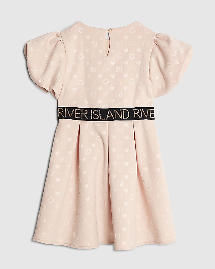 Girls Beige Embossed RI Monogram Dress