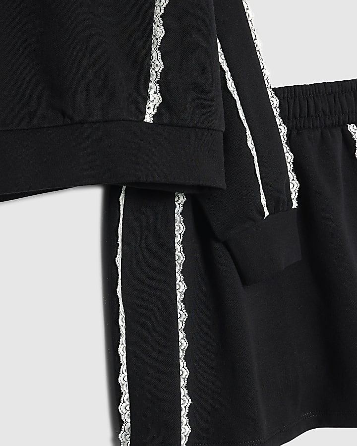Girls Black Lace Trim Skirt & Sweatshirt Set