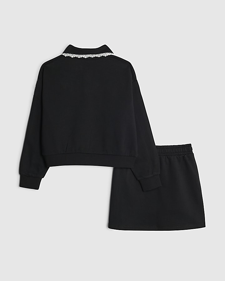 Girls Black Lace Trim Skirt & Sweatshirt Set