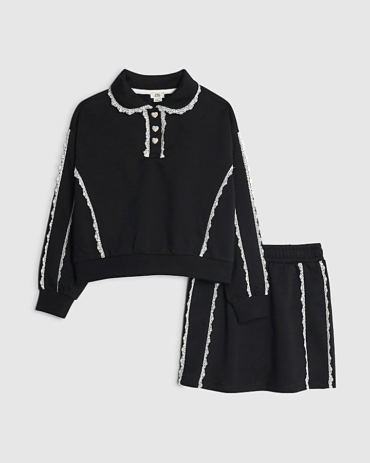 Girls Black Lace Trim Skirt & Sweatshirt Set