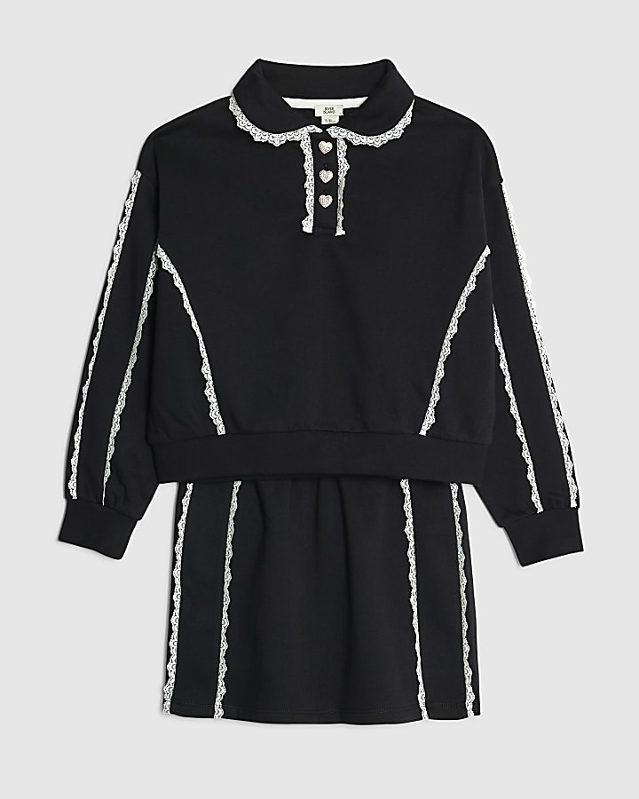 Girls Black Lace Trim Skirt & Sweatshirt Set