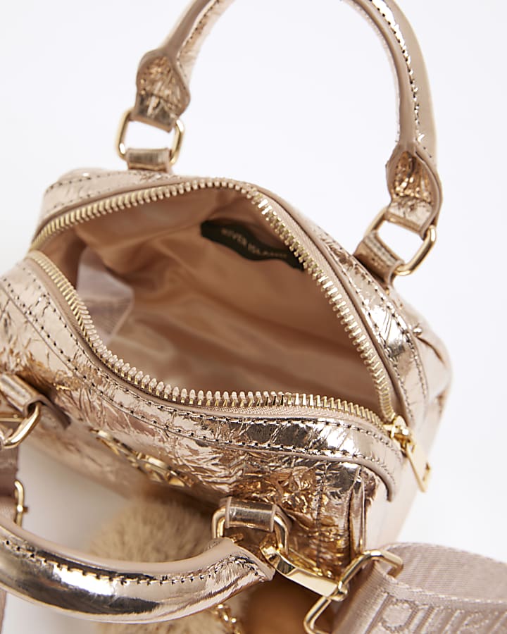 Girls Gold Metallic Mini Bowler Bag