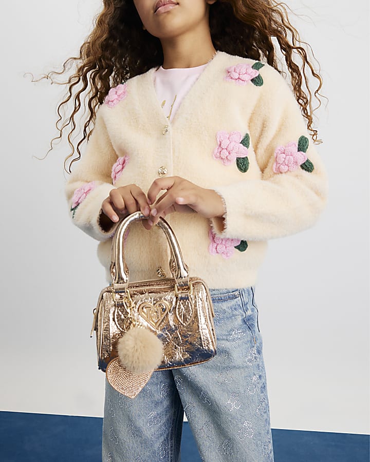 Girls Gold Metallic Mini Bowler Bag
