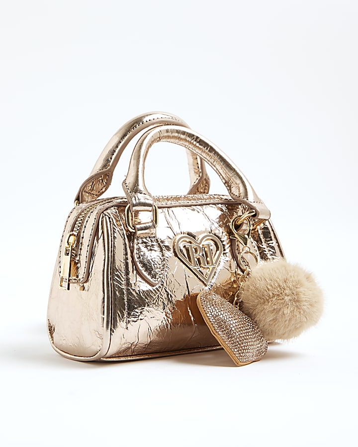 Girls Gold Metallic Mini Bowler Bag