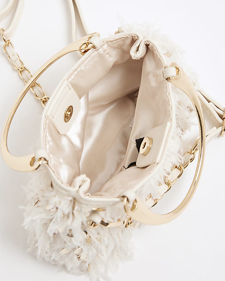 Girls Cream Sequin Feather Tote Bag