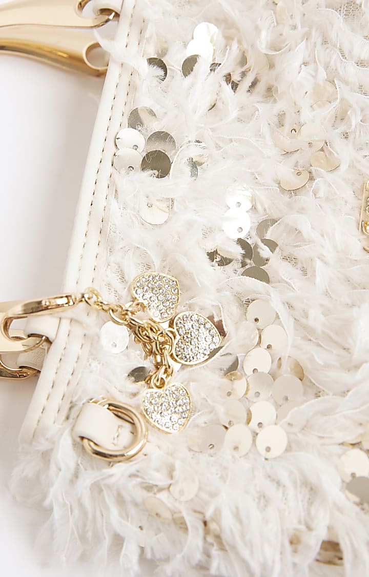 Girls Cream Sequin Feather Tote Bag