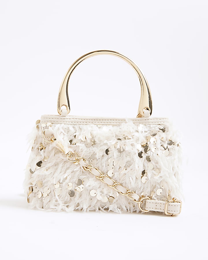 Girls Cream Sequin Feather Tote Bag