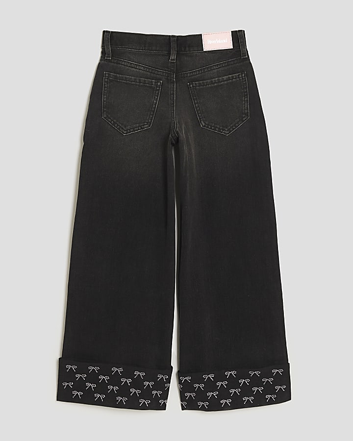 Girls Black Diamante Bow Wide Leg Jeans