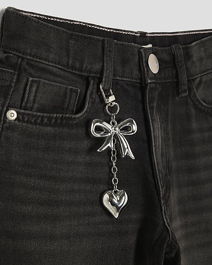 Girls Black Diamante Bow Wide Leg Jeans