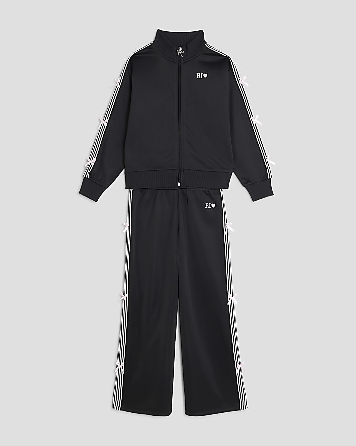 Girls Black Bow Taped Tracksuit Set