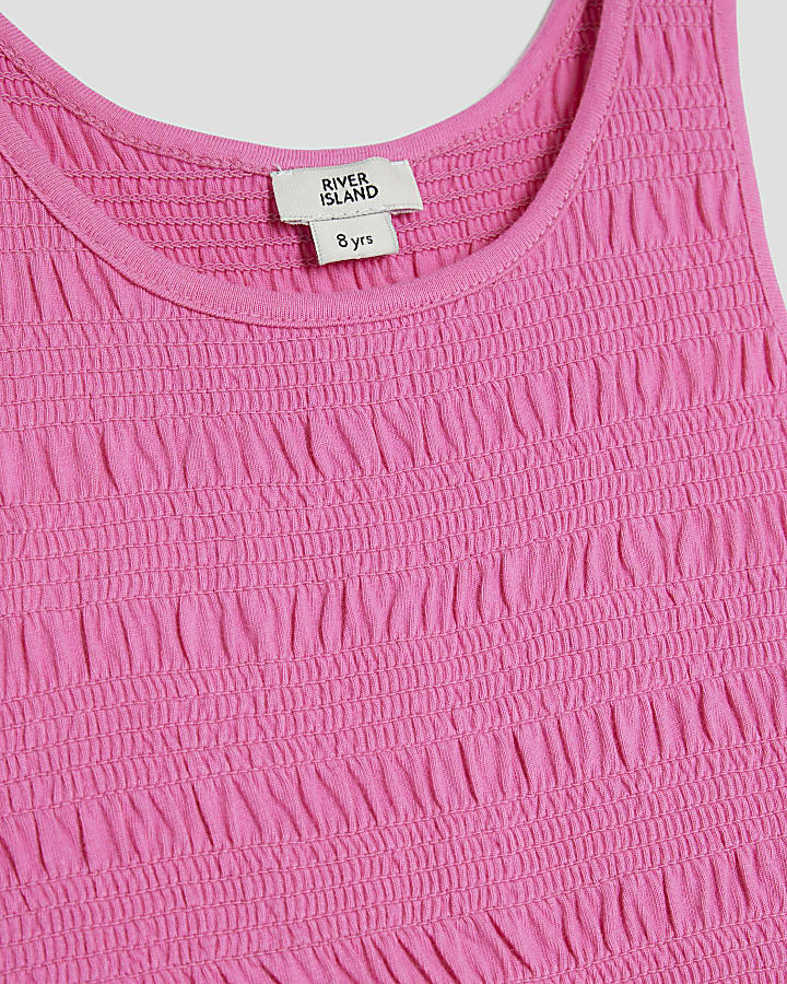 Girls Pink Shirred Broderie Rara Dress