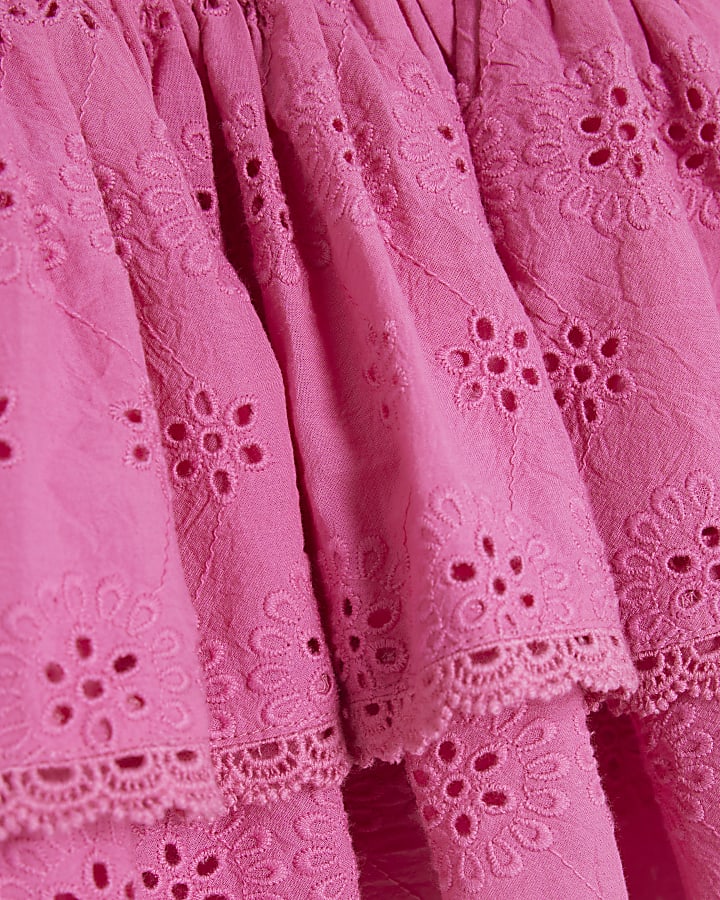 Girls Pink Shirred Broderie Rara Dress