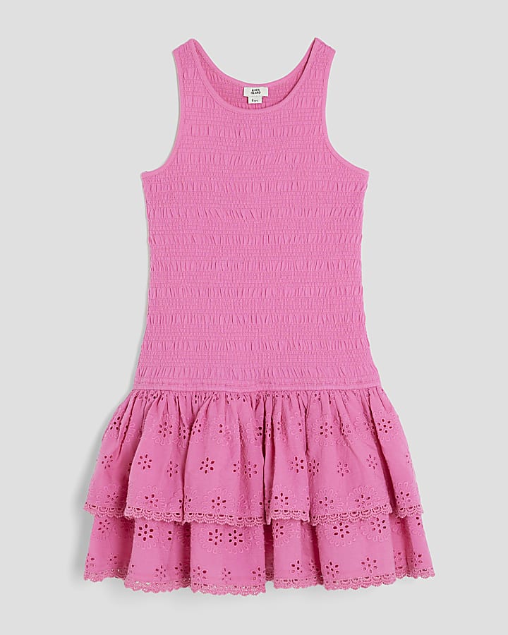 Girls Pink Shirred Broderie Rara Dress