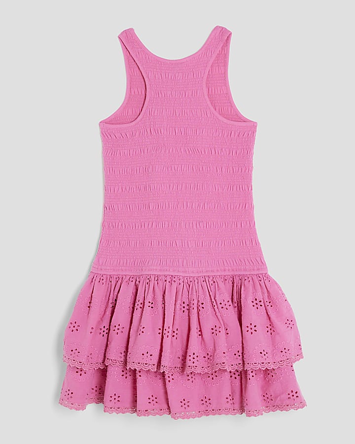Girls Pink Shirred Broderie Rara Dress