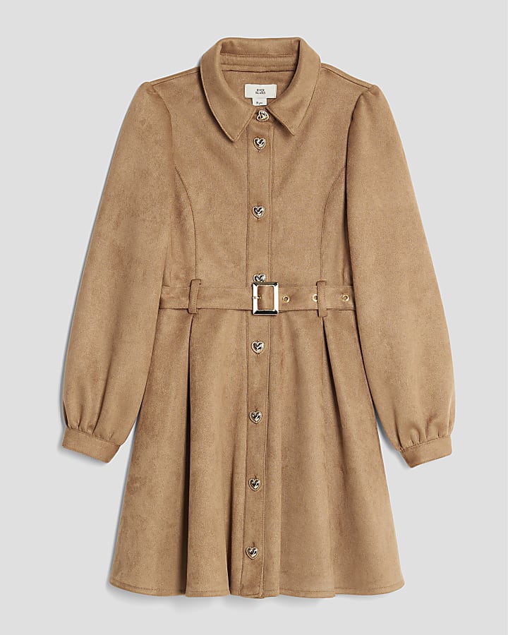 Girls Brown Faux suede Skater Shirt Dress