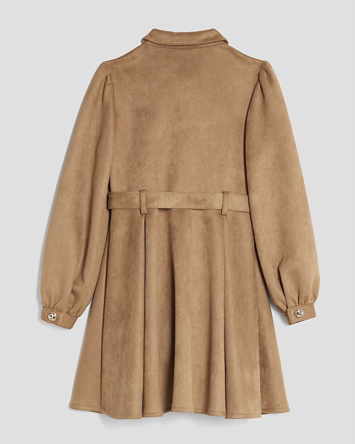 Girls Brown Faux suede Skater Shirt Dress