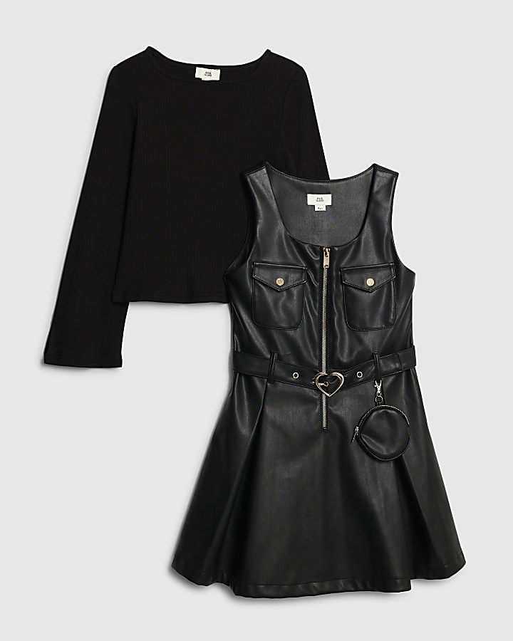 Girls Black Faux Leather Pinafore Dress Set