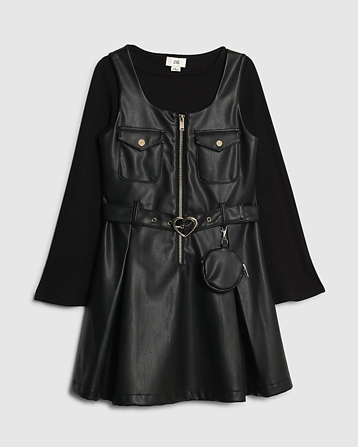 Girls Black Faux Leather Pinafore Dress Set