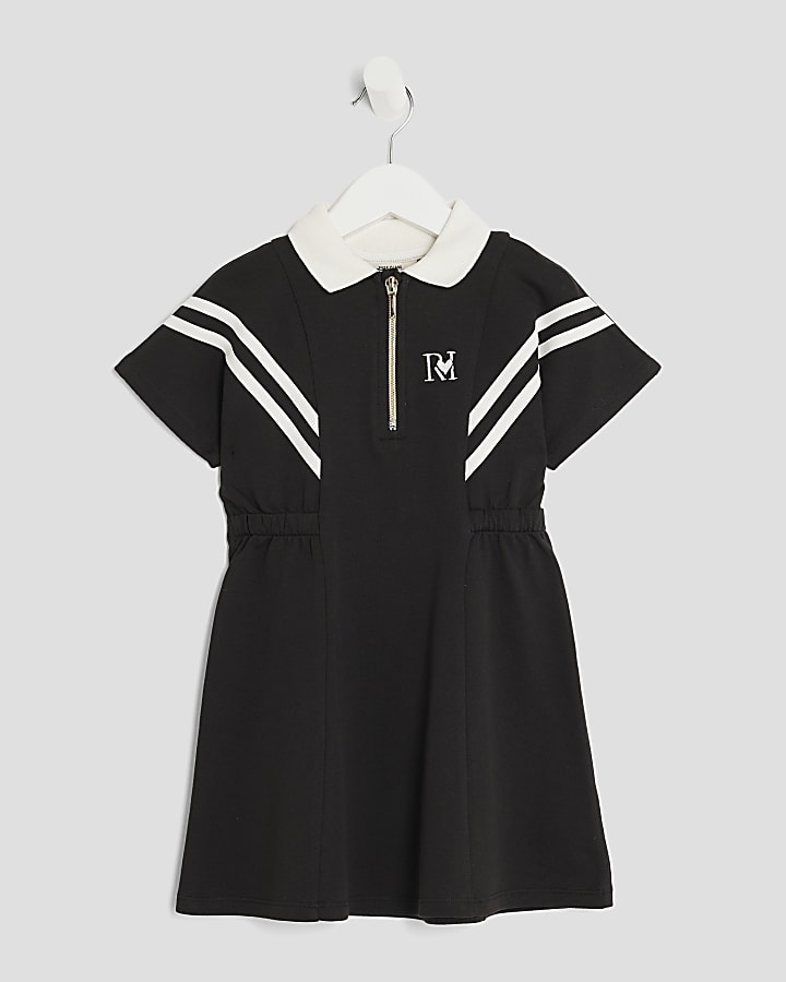 Mini Girls Black Striped Polo Shirt Dress