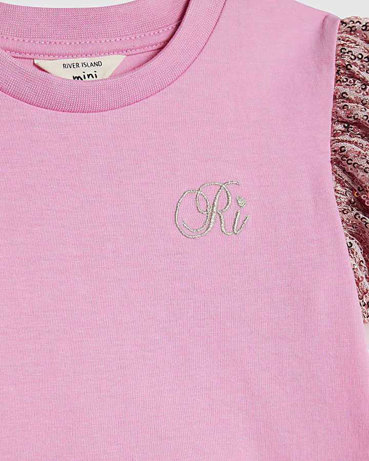 Mini Girls Pink Sequin Frill Sleeve T-Shirt