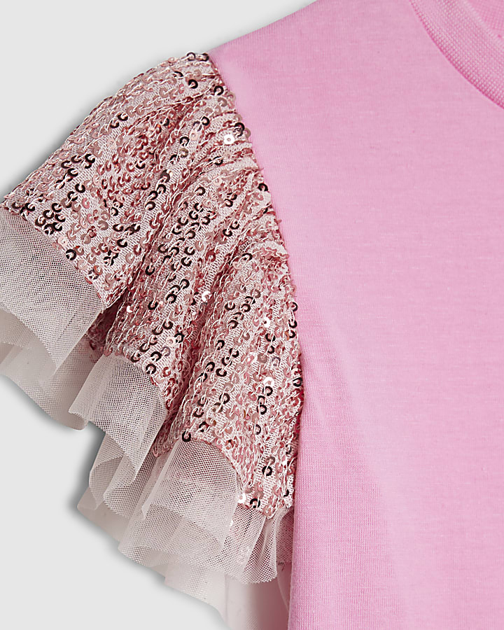 Mini Girls Pink Sequin Frill Sleeve T-Shirt