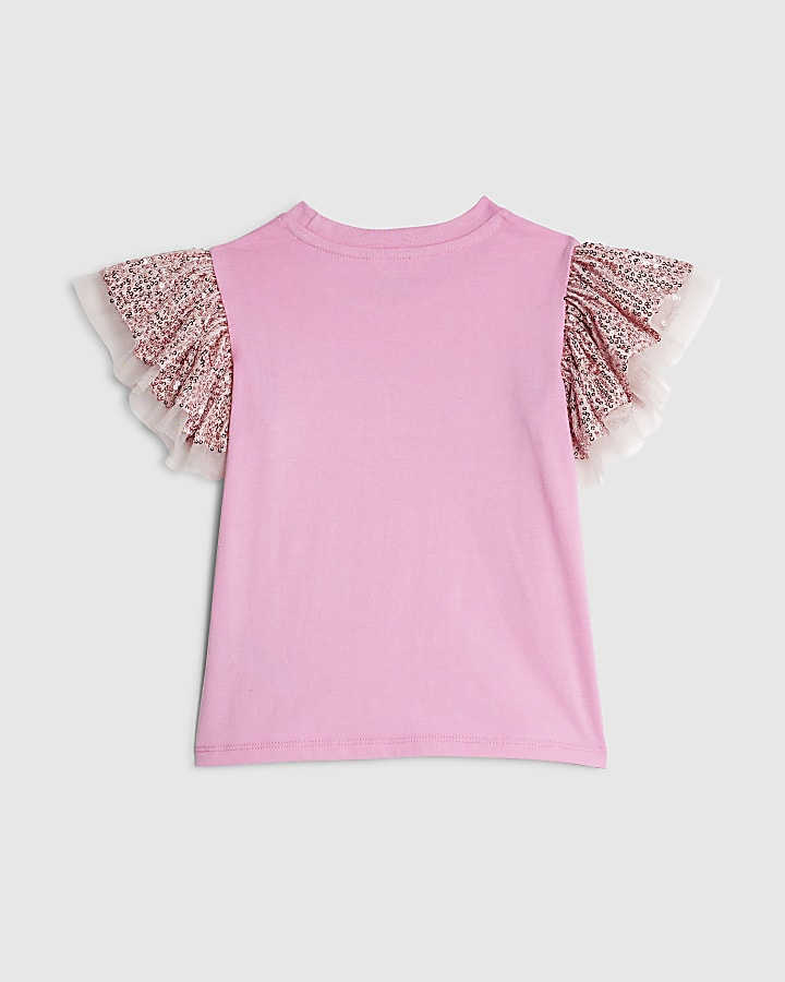Mini Girls Pink Sequin Frill Sleeve T-Shirt