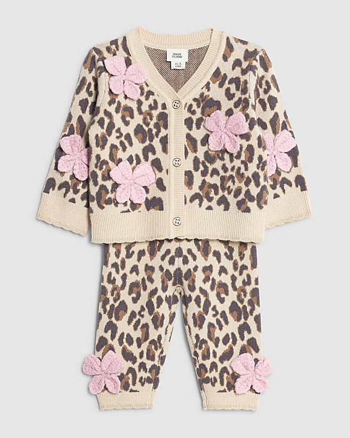 Baby girls Beige Leopard Bow Cardigan Set